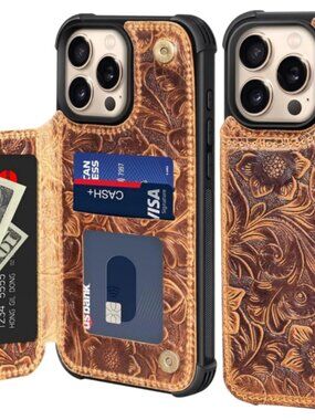 Wallet Real Leather Case Compatible with iPhone 13 Pro 6.1" Durable Brown